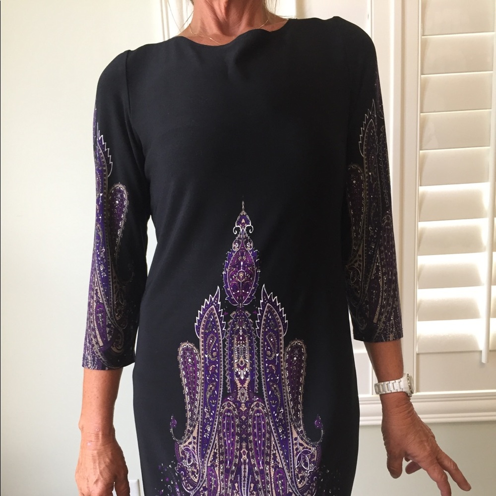 Tiana B. 3/4 sleeve shift dress: Black/Purple